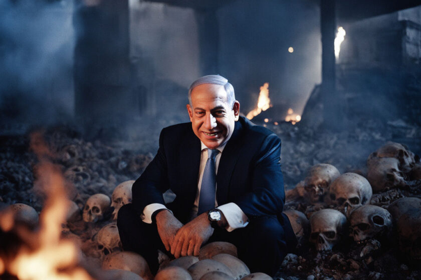 Closeup of Benjamin Netanyahu with a evil smile