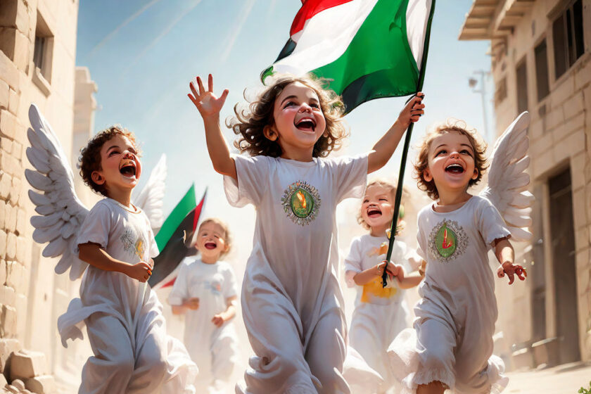 Children, peaceful angels, laughing happily, bright sun, Palestinian flag raised, Mysterious