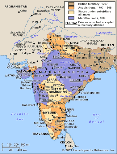 Map of India, 1797–1805 showing the Maratha lands in 1805.